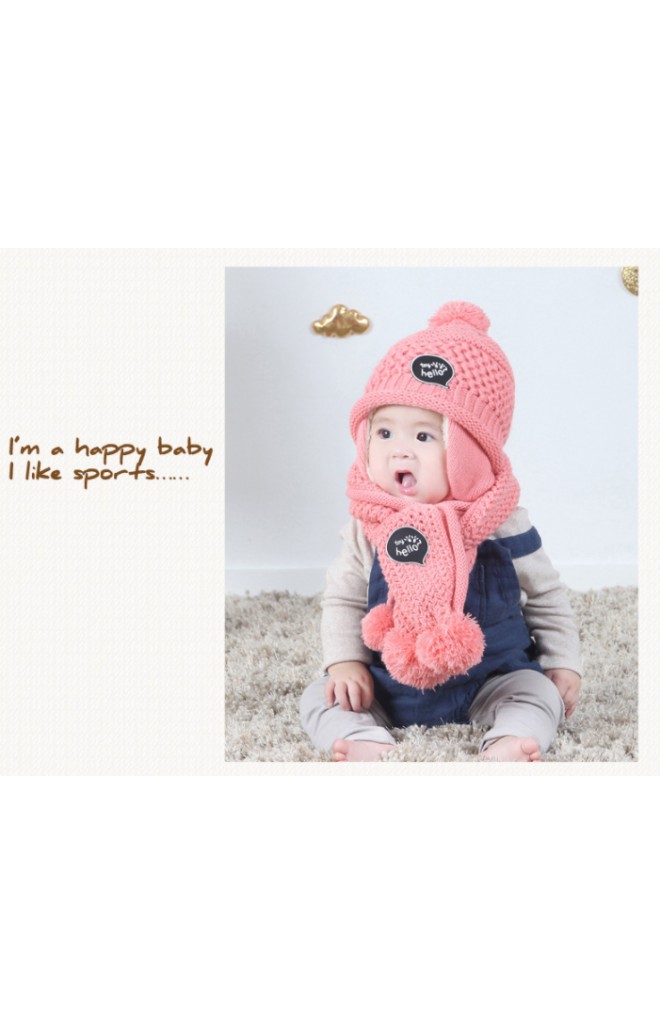 เซ็ตหมวกไหมพรมแต่งอักษร toy hello มาพร้อมผ้าพันคอสีชมพู