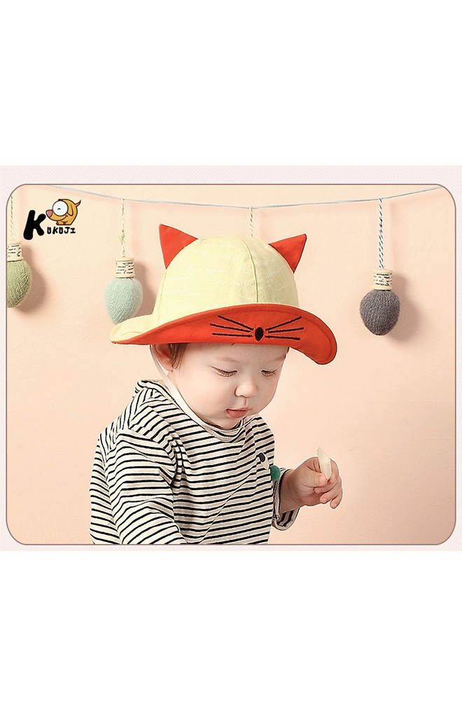 หมวกเด็กปีกรอบใต้ปีกหมวกปักหน้าแมว แต่งหูน่ารัก KUKUJI