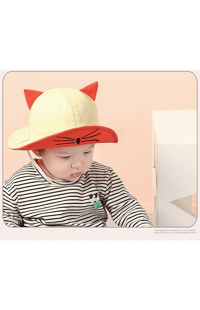 หมวกเด็กปีกรอบใต้ปีกหมวกปักหน้าแมว แต่งหูน่ารัก KUKUJI