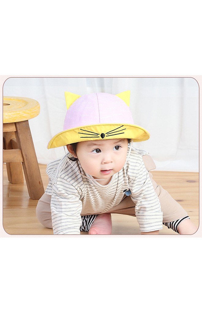หมวกเด็กปีกรอบใต้ปีกหมวกปักหน้าแมว แต่งหูน่ารัก KUKUJI
