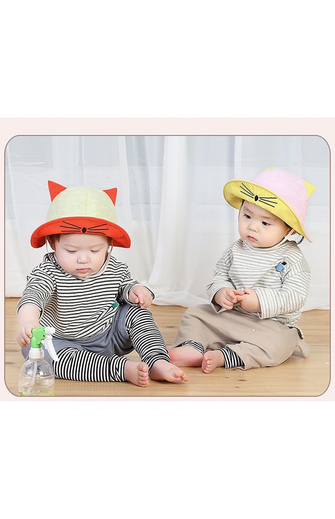 หมวกเด็กปีกรอบใต้ปีกหมวกปักหน้าแมว แต่งหูน่ารัก KUKUJI