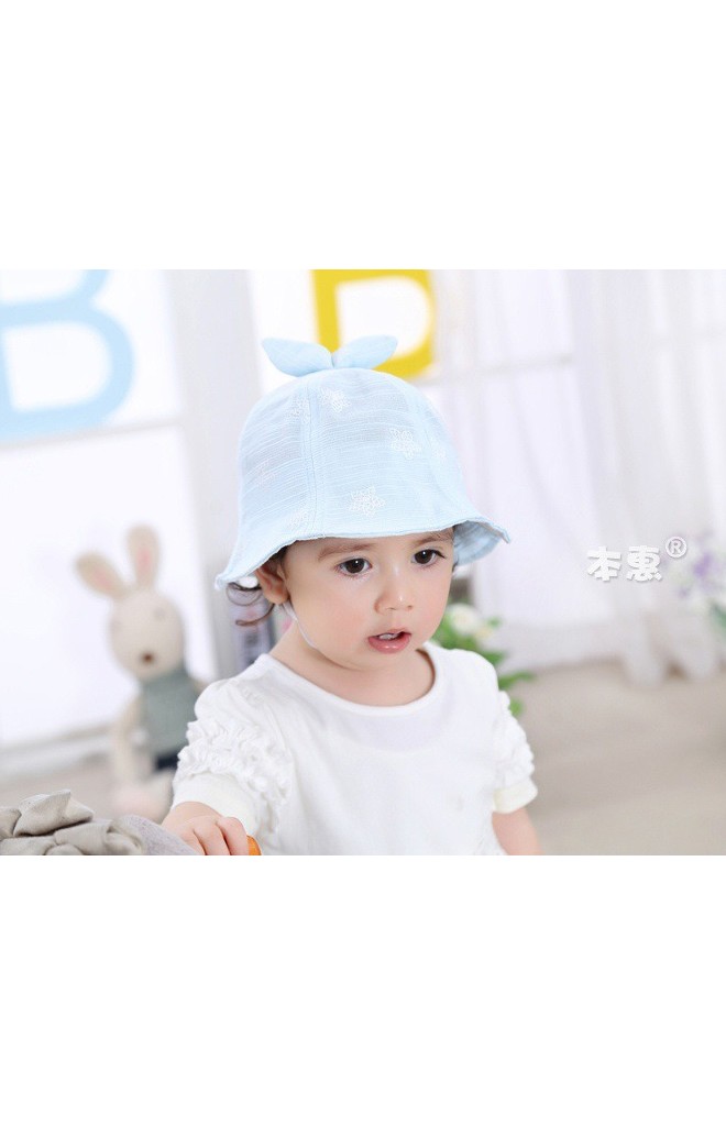 หมวกปีกรอบเด็กหญิงลายดอกไม้ด้านบนแต่งโบว์กระต่ายน่ารัก