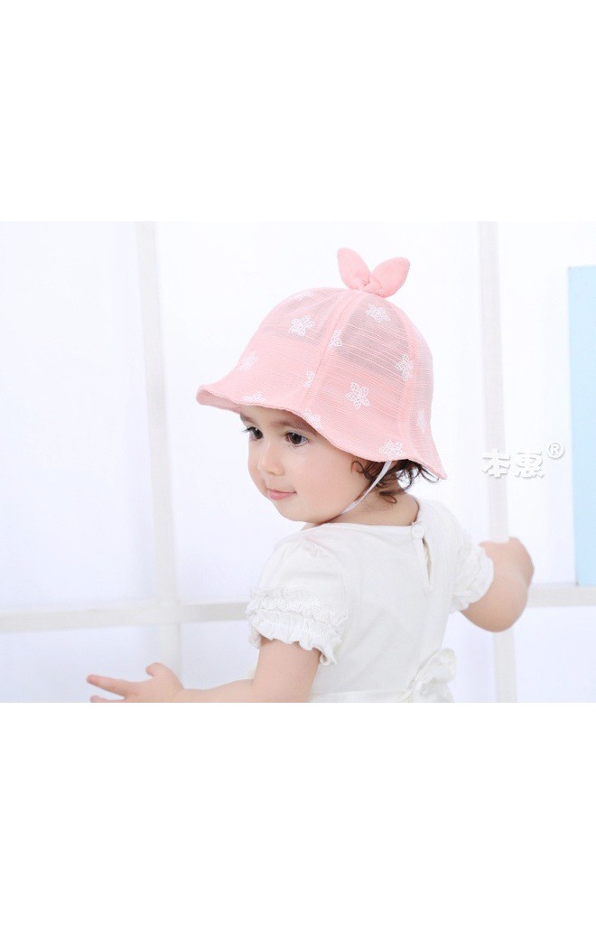 หมวกปีกรอบเด็กหญิงลายดอกไม้ด้านบนแต่งโบว์กระต่ายน่ารัก