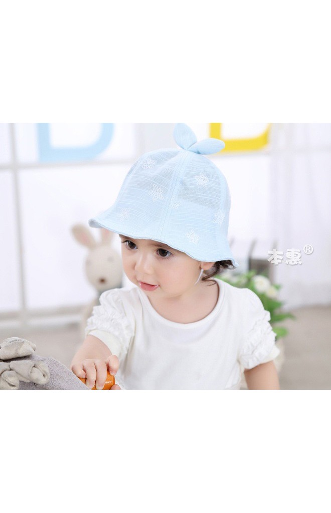 หมวกปีกรอบเด็กหญิงลายดอกไม้ด้านบนแต่งโบว์กระต่ายน่ารัก