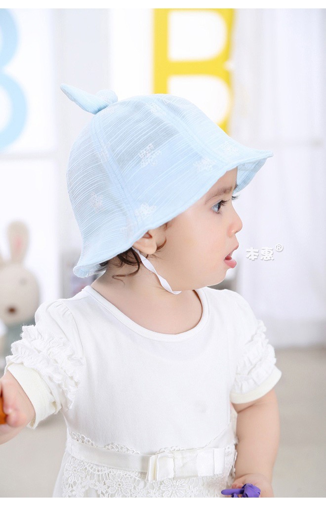 หมวกปีกรอบเด็กหญิงลายดอกไม้ด้านบนแต่งโบว์กระต่ายน่ารัก