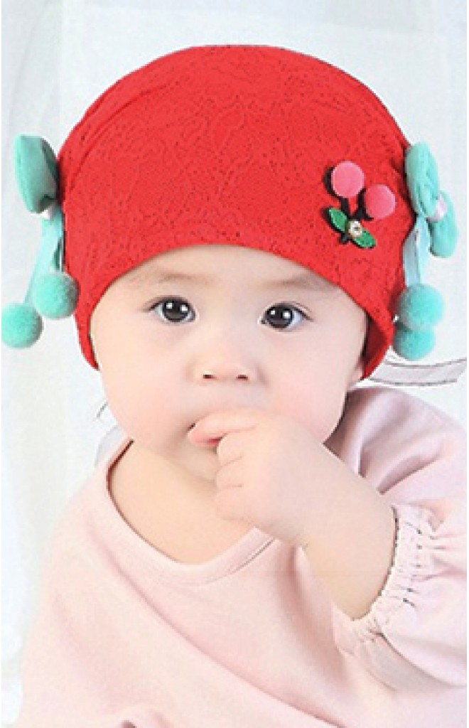 หมวกสาวน้อยผ้าลูกไม้ด้านหน้าแต่งเชอรี่ โบว์ข้างสีเขียว หมวกสาวน้อยผ้าลูกไม้ด้านหน้าแต่งเชอรี่ โบว์ข้างสีเขียว