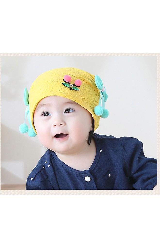 หมวกสาวน้อยผ้าลูกไม้ด้านหน้าแต่งเชอรี่ โบว์ข้างสีเขียว