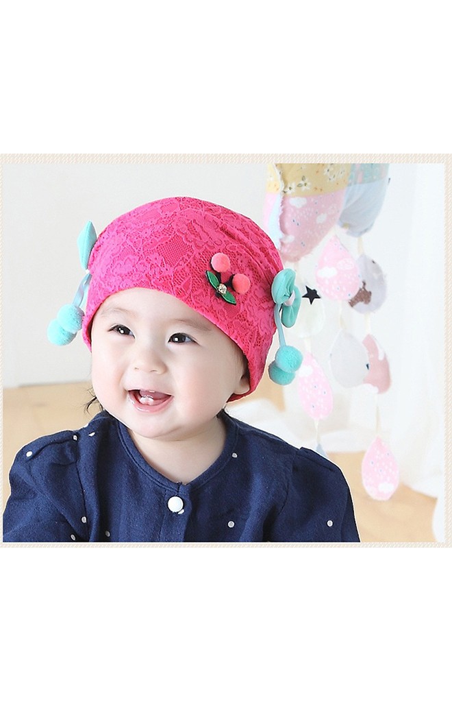 หมวกสาวน้อยผ้าลูกไม้ด้านหน้าแต่งเชอรี่ โบว์ข้างสีเขียว