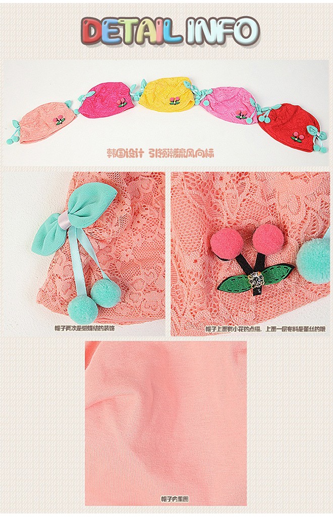 หมวกสาวน้อยผ้าลูกไม้ด้านหน้าแต่งเชอรี่ โบว์ข้างสีเขียว