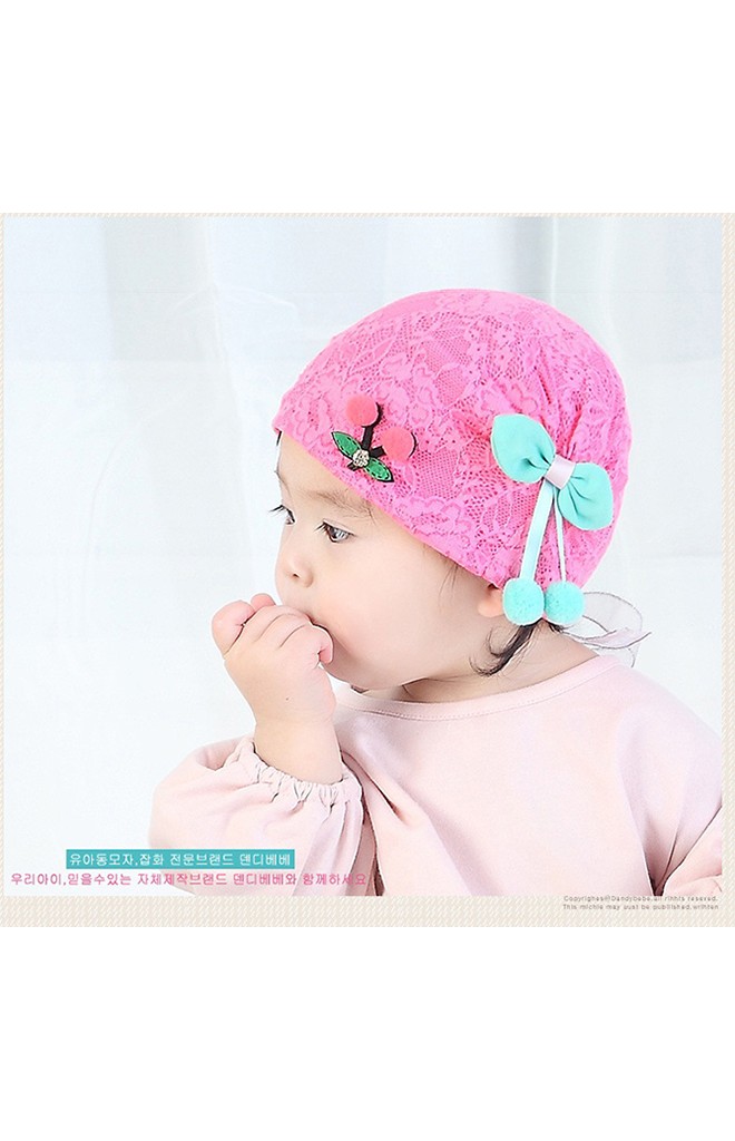 หมวกสาวน้อยผ้าลูกไม้ด้านหน้าแต่งเชอรี่ โบว์ข้างสีเขียว