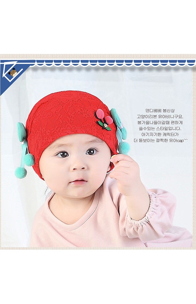 หมวกสาวน้อยผ้าลูกไม้ด้านหน้าแต่งเชอรี่ โบว์ข้างสีเขียว
