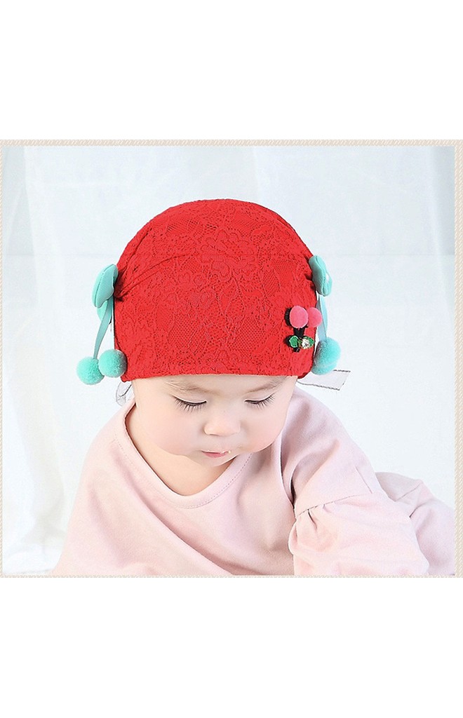 หมวกสาวน้อยผ้าลูกไม้ด้านหน้าแต่งเชอรี่ โบว์ข้างสีเขียว