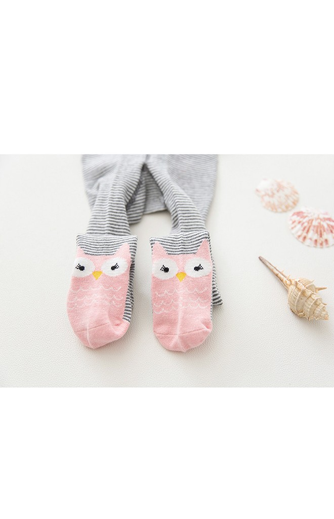 ถุงน่องเด็กลายขวางหน้านกฮูกชมพู มีกันลื่น