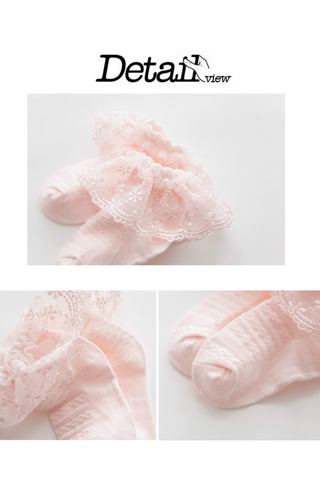 ถุงเท้าเด็กหญิง ขอบระบายลูกไม้หวาน สีชมพูโอลโรส ฟ้า และ ขาว