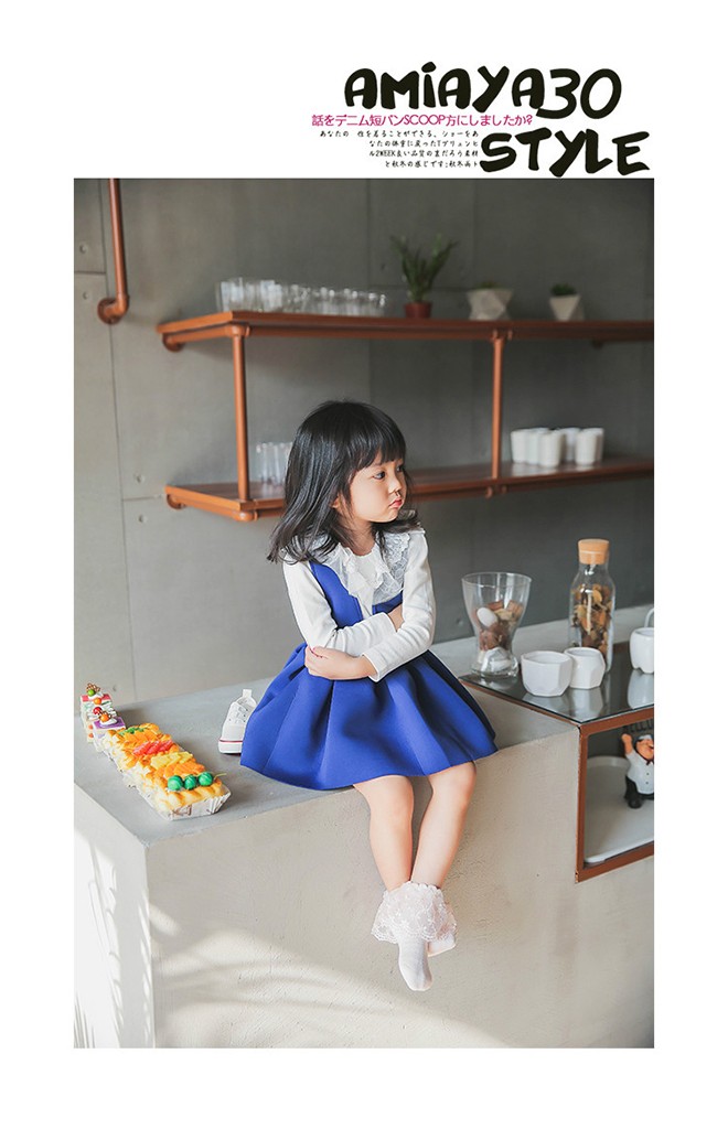 ถุงเท้าเด็กหญิง ขอบระบายลูกไม้หวาน สีชมพูโอลโรส ฟ้า และ ขาว