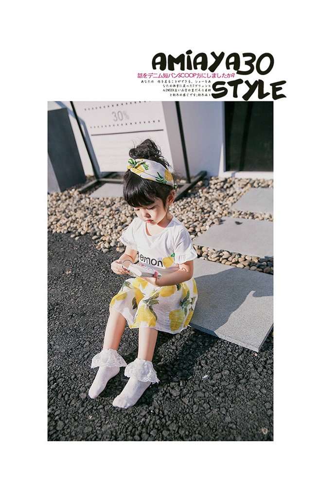 ถุงเท้าเด็กหญิง ขอบระบายลูกไม้หวาน สีชมพู ฟ้าอมเขียว และ ขาว