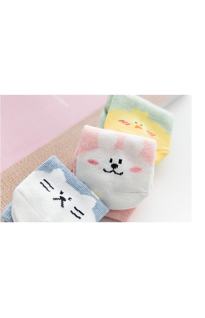 ถุงเท้าเด็กแพ็ค 3 คู่ ลายกระต่าย ลูกเจี๊ยบ แมว สีชมพู เขียว และ ฟ้า