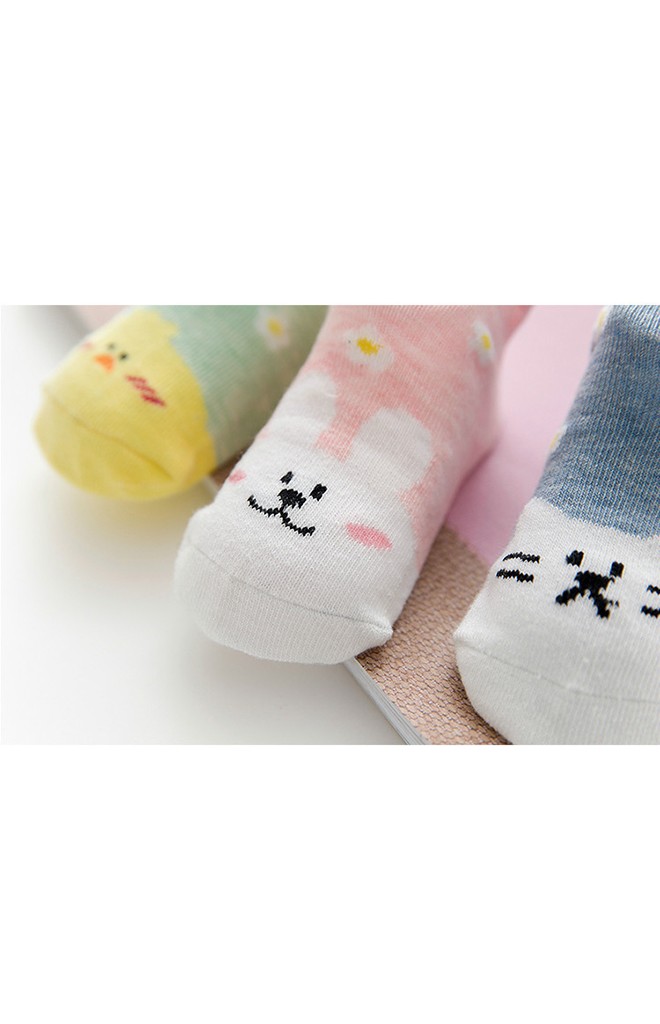ถุงเท้าเด็กแพ็ค 3 คู่ ลายกระต่าย ลูกเจี๊ยบ แมว สีชมพู เขียว และ ฟ้า