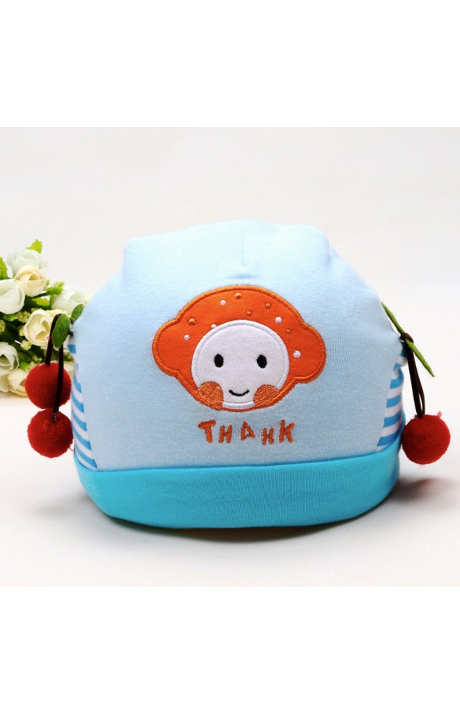 หมวกเด็กเล็กแต่งหน้าการ์ตูน ปักอักษร THANK ด้านข้างแต่งเชอรี่