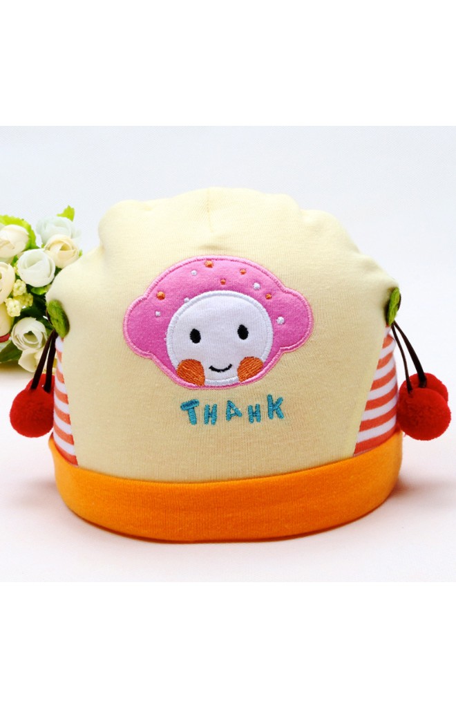 หมวกเด็กเล็กแต่งหน้าการ์ตูน ปักอักษร THANK ด้านข้างแต่งเชอรี่