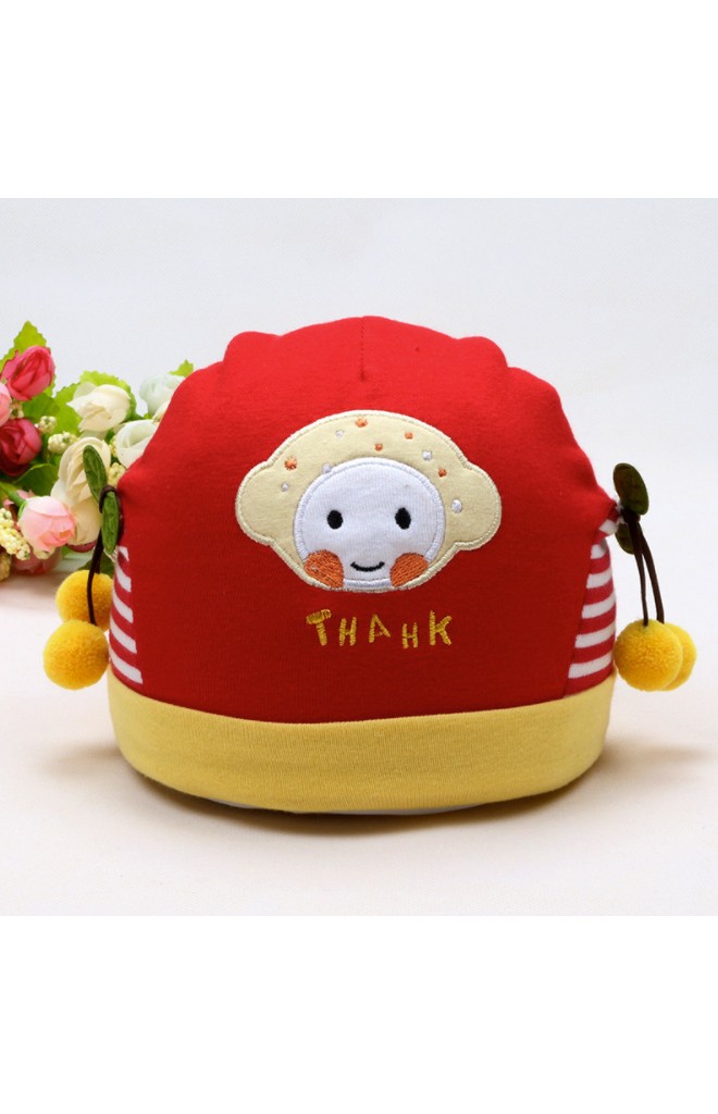 หมวกเด็กเล็กแต่งหน้าการ์ตูน ปักอักษร THANK ด้านข้างแต่งเชอรี่