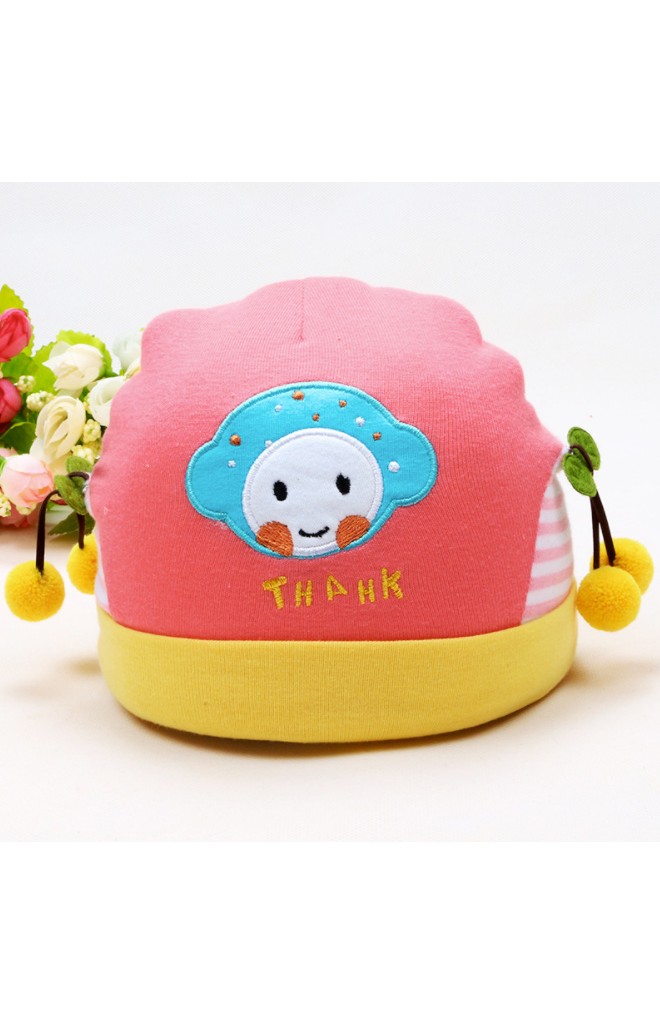 หมวกเด็กเล็กแต่งหน้าการ์ตูน ปักอักษร THANK ด้านข้างแต่งเชอรี่