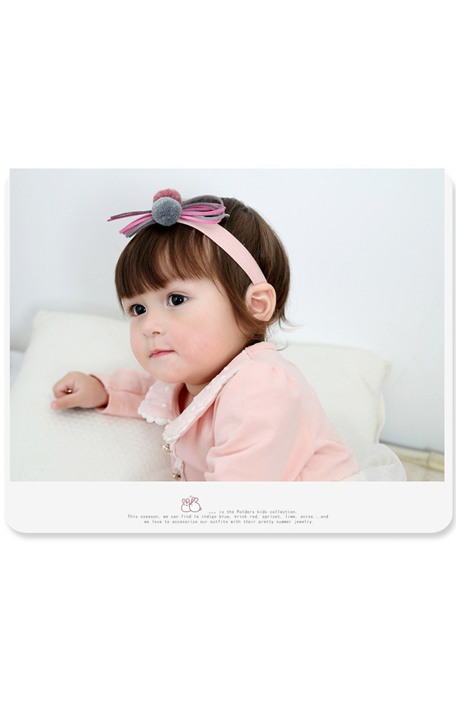 สายคาดผมแต่งปอมปอมสีชมพูนู้ดและเทาพร้อมคาดโบว์น่ารัก