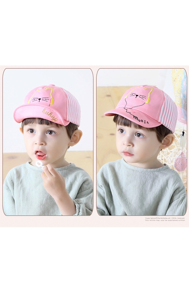 หมวกแก๊ปเด็กปักรูปแมวฟังเพลง ด้านหลังลายทาง KUKUJI