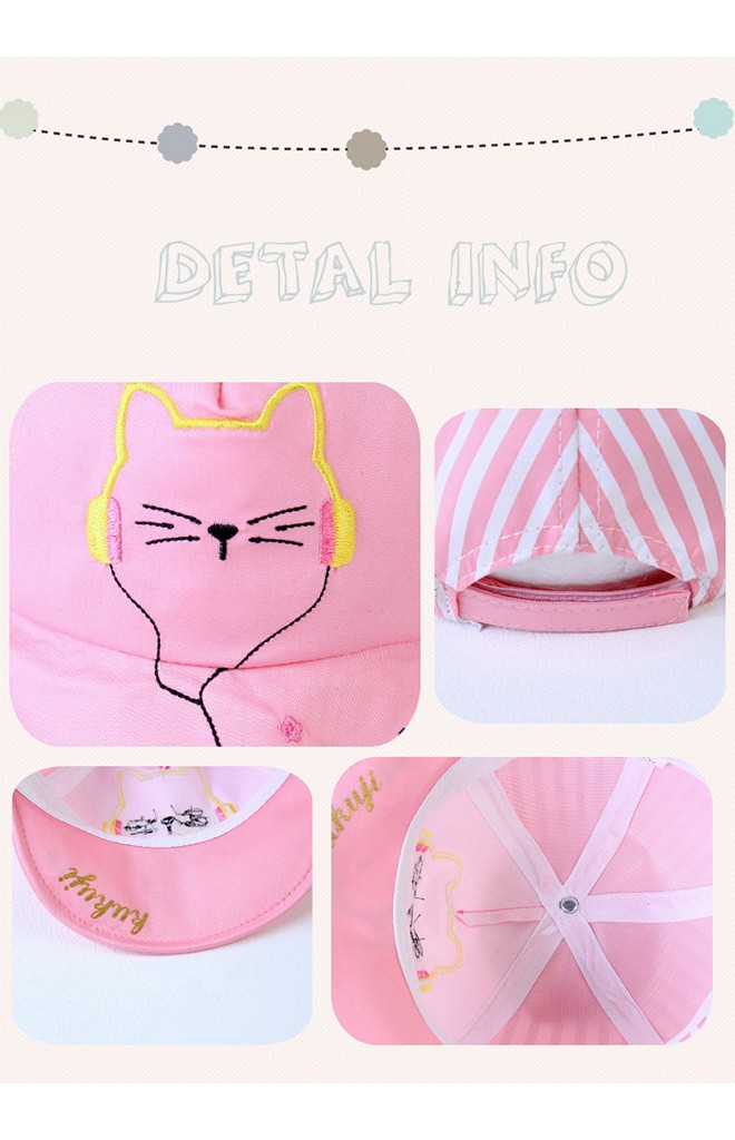 หมวกแก๊ปเด็กปักรูปแมวฟังเพลง ด้านหลังลายทาง KUKUJI