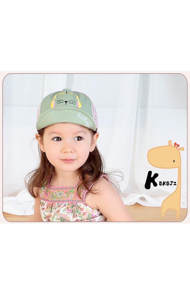 หมวกแก๊ปเด็กปักรูปแมวฟังเพลง ด้านหลังลายทาง KUKUJI
