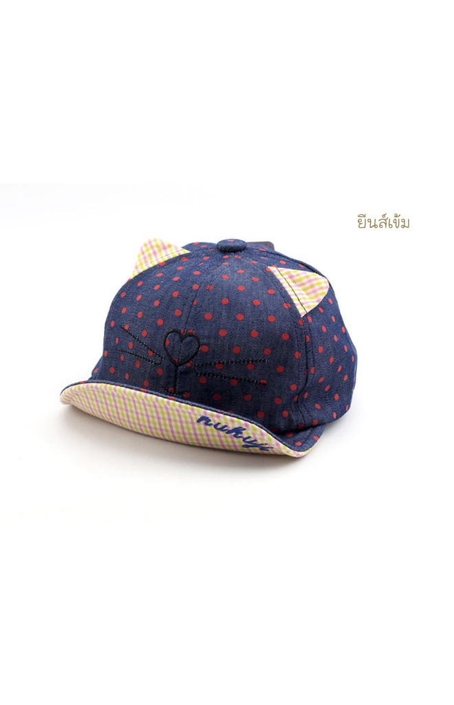 หมวกแก๊ปลายจุด ปักหน้าแมว แต่งหูน่ารัก