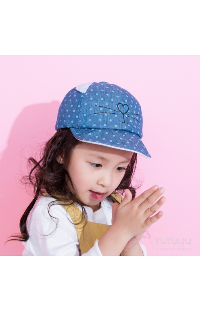 หมวกแก๊ปลายจุด ปักหน้าแมว แต่งหูน่ารัก