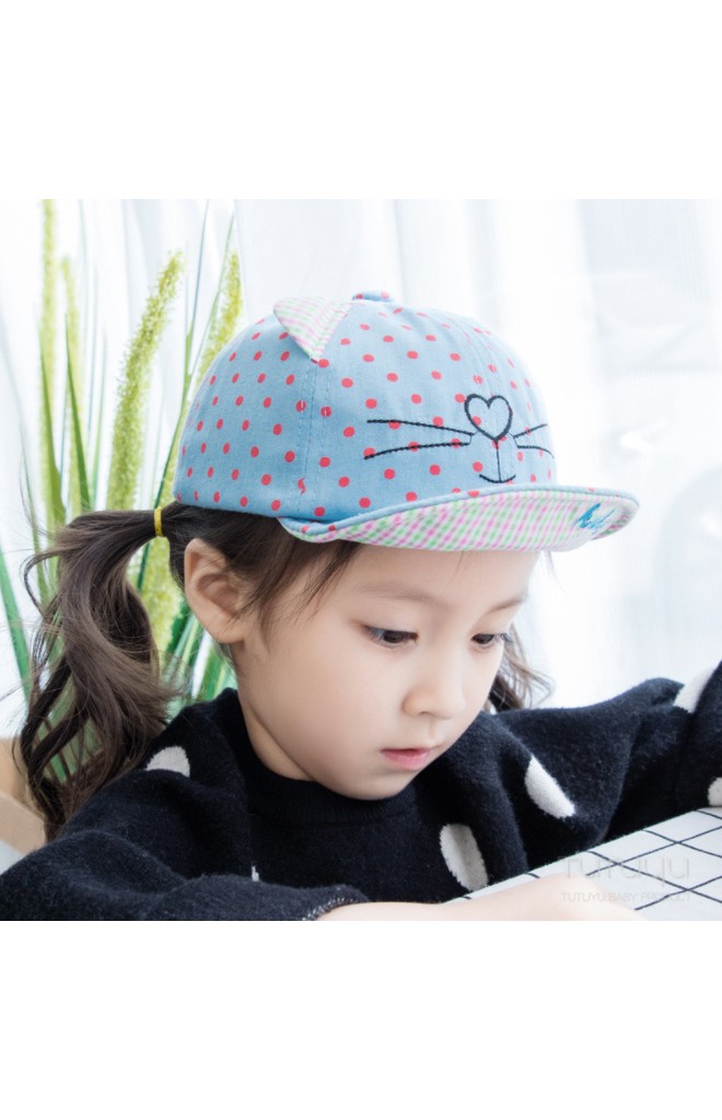 หมวกแก๊ปลายจุด ปักหน้าแมว แต่งหูน่ารัก