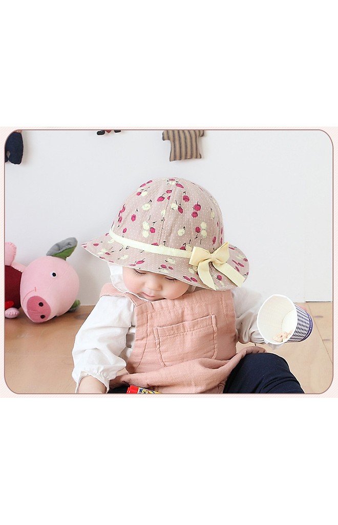 หมวกบัคเก็ตสาวน้อยผ้าฝ้ายลายดอก คาดโบว์หวาน KUKUJI