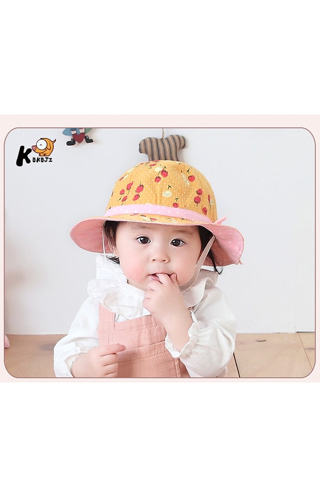 หมวกบัคเก็ตสาวน้อยผ้าฝ้ายลายดอก คาดโบว์หวาน KUKUJI