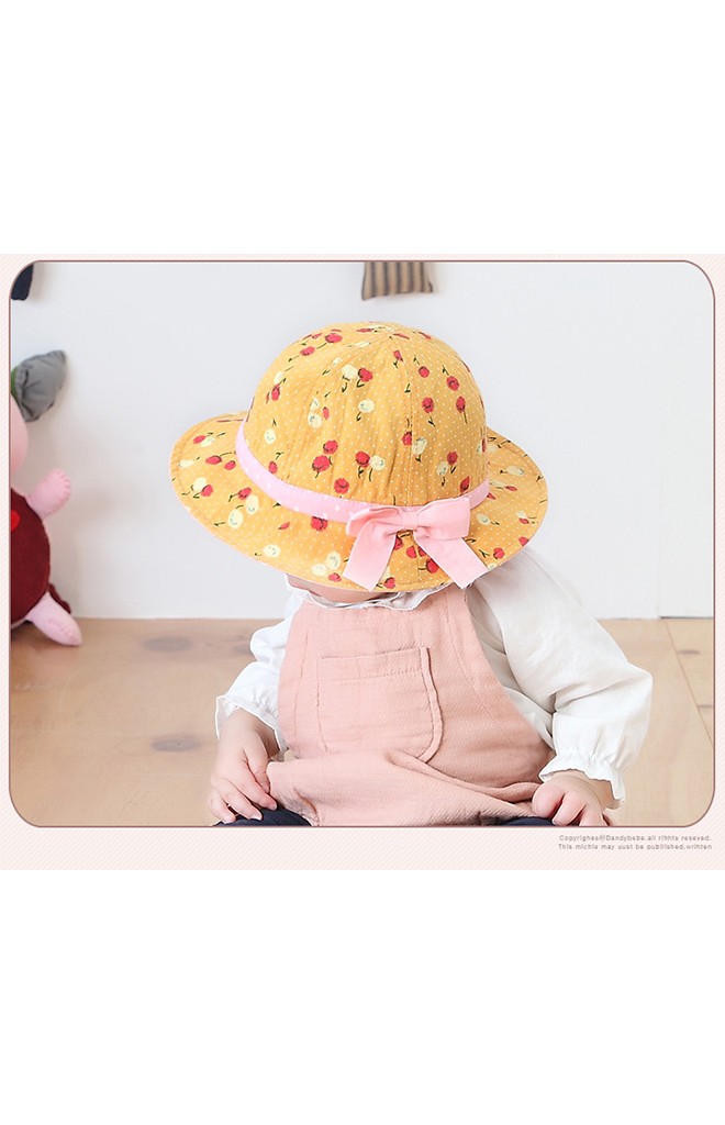 หมวกบัคเก็ตสาวน้อยผ้าฝ้ายลายดอก คาดโบว์หวาน KUKUJI
