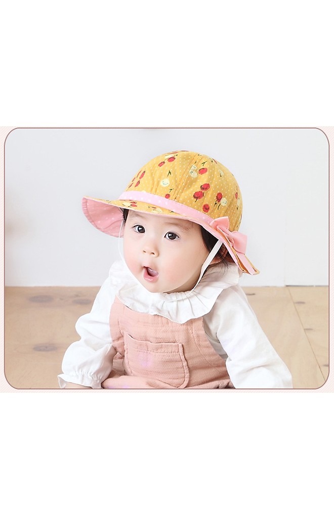 หมวกบัคเก็ตสาวน้อยผ้าฝ้ายลายดอก คาดโบว์หวาน KUKUJI
