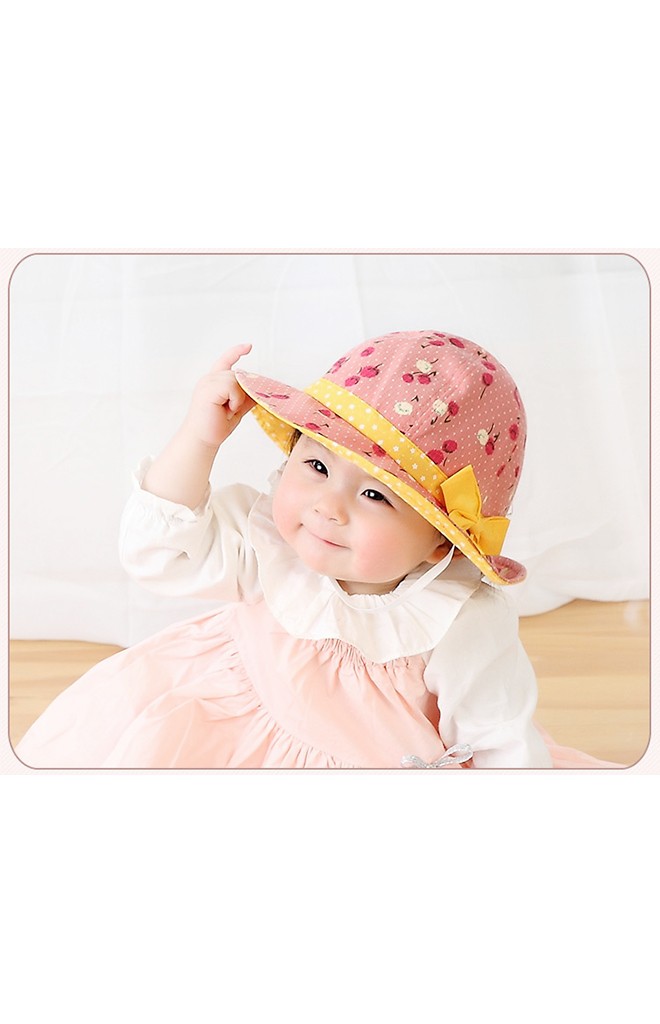 หมวกบัคเก็ตสาวน้อยผ้าฝ้ายลายดอก คาดโบว์หวาน KUKUJI