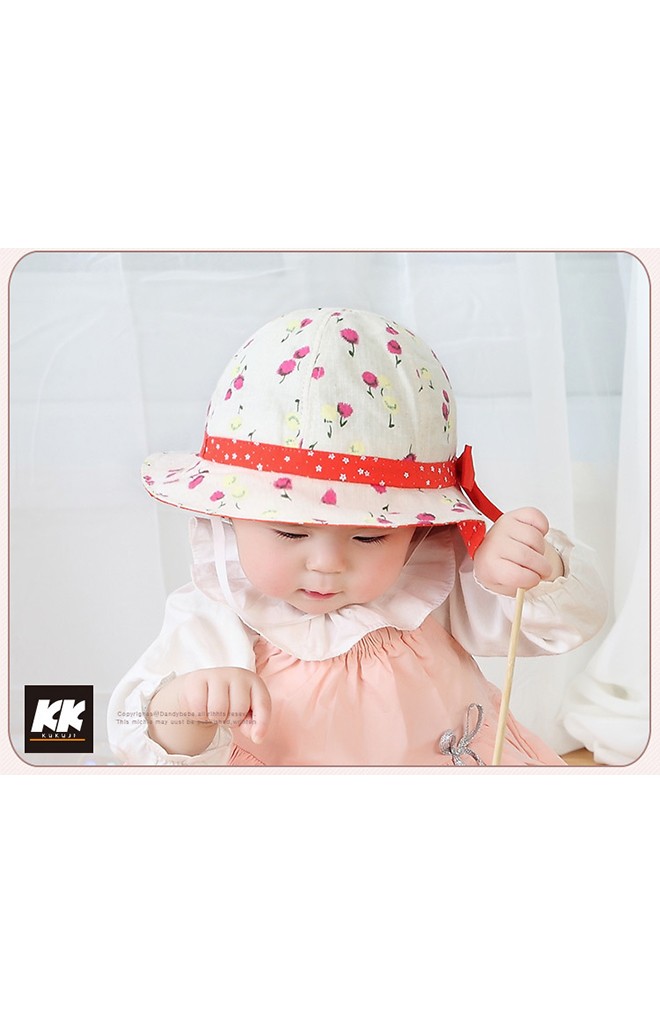 หมวกบัคเก็ตสาวน้อยผ้าฝ้ายลายดอก คาดโบว์หวาน KUKUJI