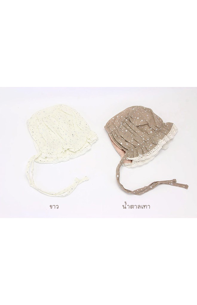 หมวกสาวน้อยลายดาวเลื่อมขอบหมวกระบายลูกไม้ขาว