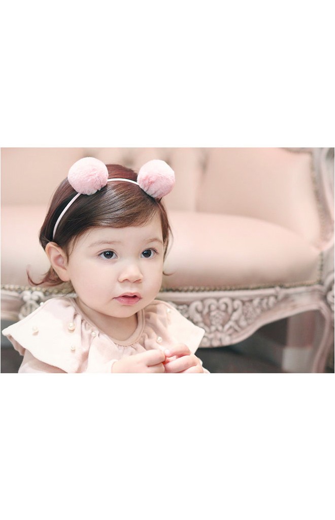 สายคาดผมปอมปอมสีชมพู สายสีขาว