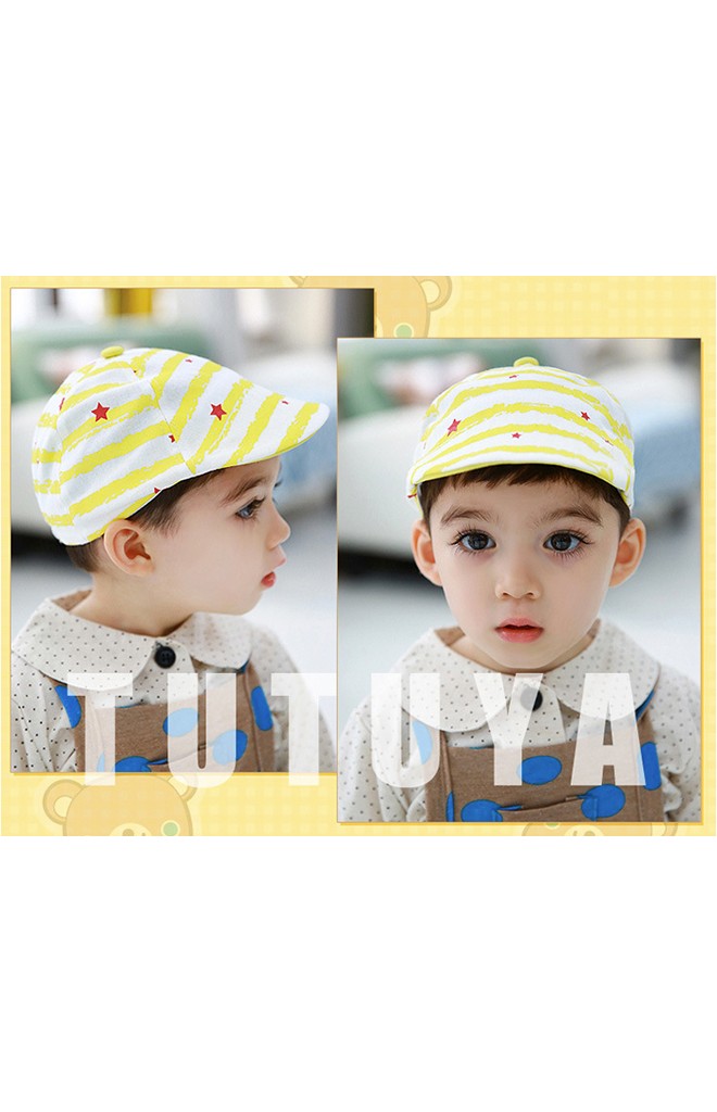 หมวกแฟล็ตแค็ป Flat Cap สีเหลืองลายขวาง รูปดาวแดงเล็กๆ TUTUYA
