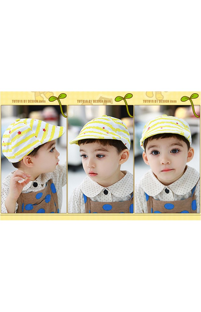 หมวกแฟล็ตแค็ป Flat Cap สีเหลืองลายขวาง รูปดาวแดงเล็กๆ TUTUYA