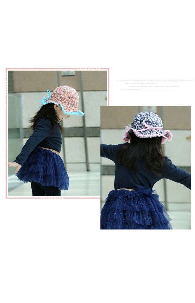 หมวกสาวน้อยลายดอกขอบจับจีบระบายสีพื้น แต่งโบว์น่ารัก