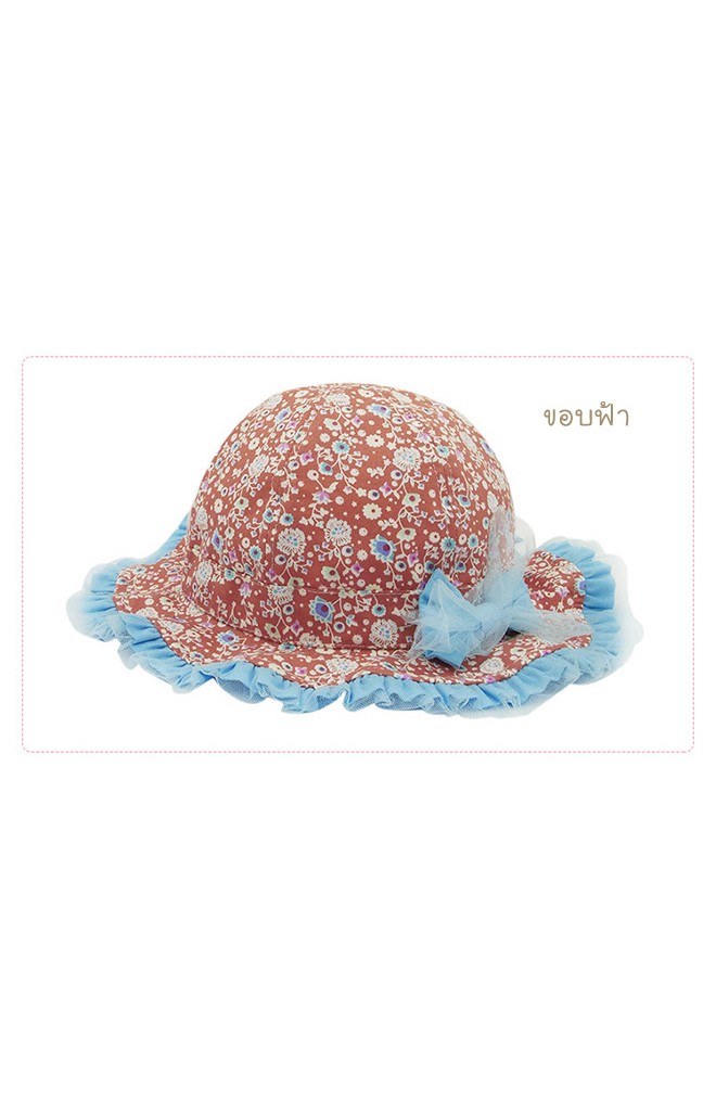 หมวกสาวน้อยลายดอกขอบจับจีบระบายสีพื้น แต่งโบว์น่ารัก