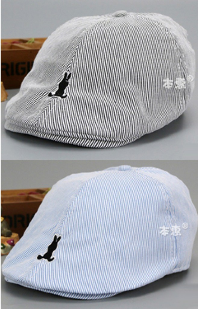 หมวกแฟล็ตแค็ป Flat Cap ลายทาง ปักรูกระต่าย