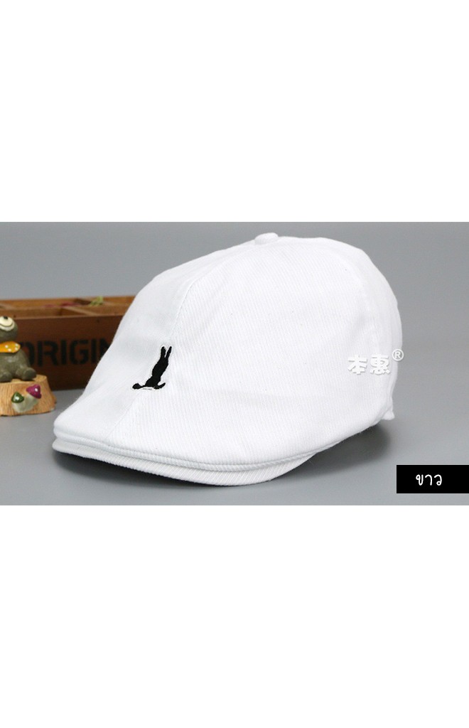 หมวกแฟล็ตแค็ป Flat Cap ลายทาง ปักรูกระต่าย