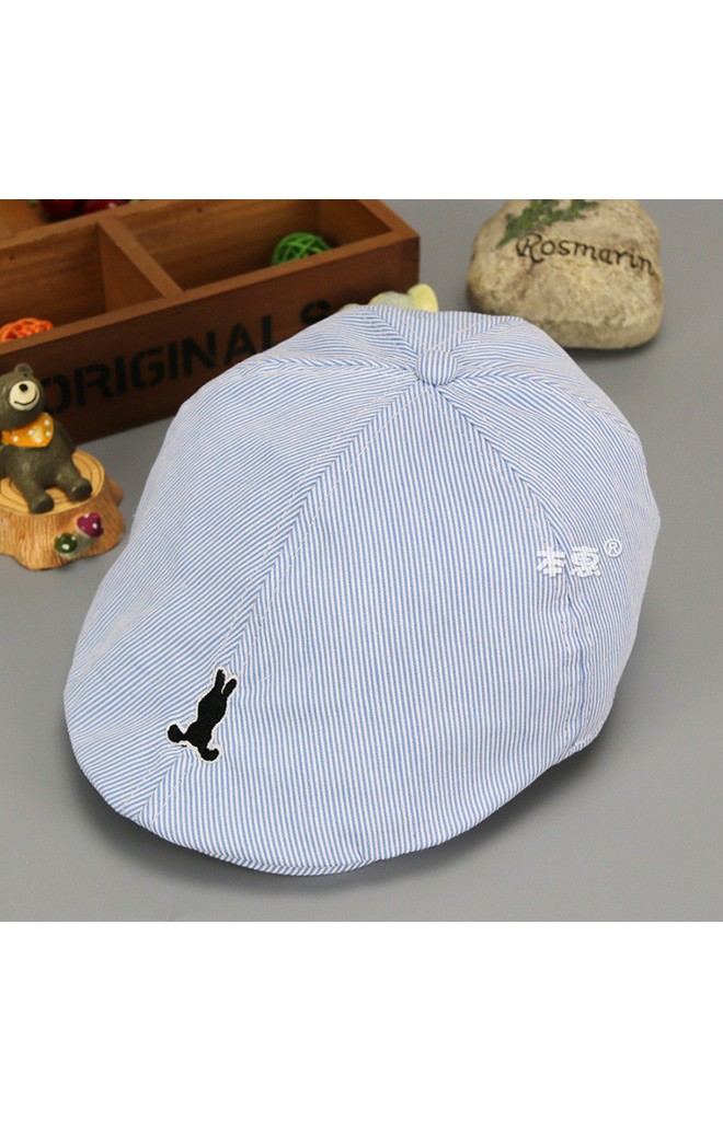 หมวกแฟล็ตแค็ป Flat Cap ลายทาง ปักรูกระต่าย