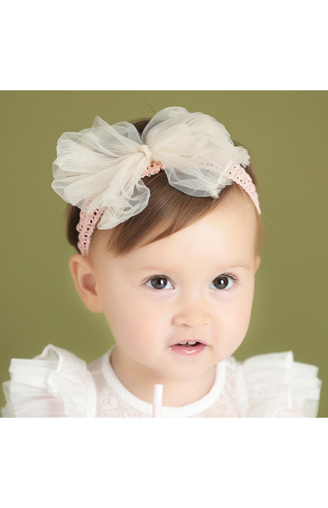 สายคาดผมโบว์ใหญ่ ผ้าโปร่งบางเย็บขอบผ้าย่นๆ สายลูกไม้ยืด Angel Neitiri