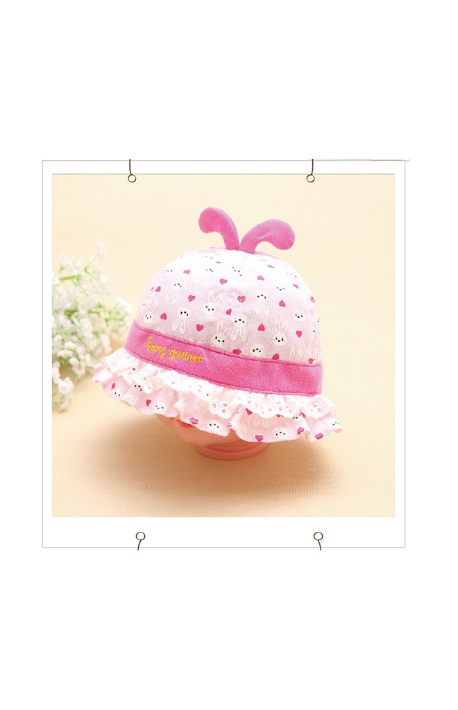 หมวกสาวน้อยลายกระต่าย ปีกหมวกระบายลูกไม้